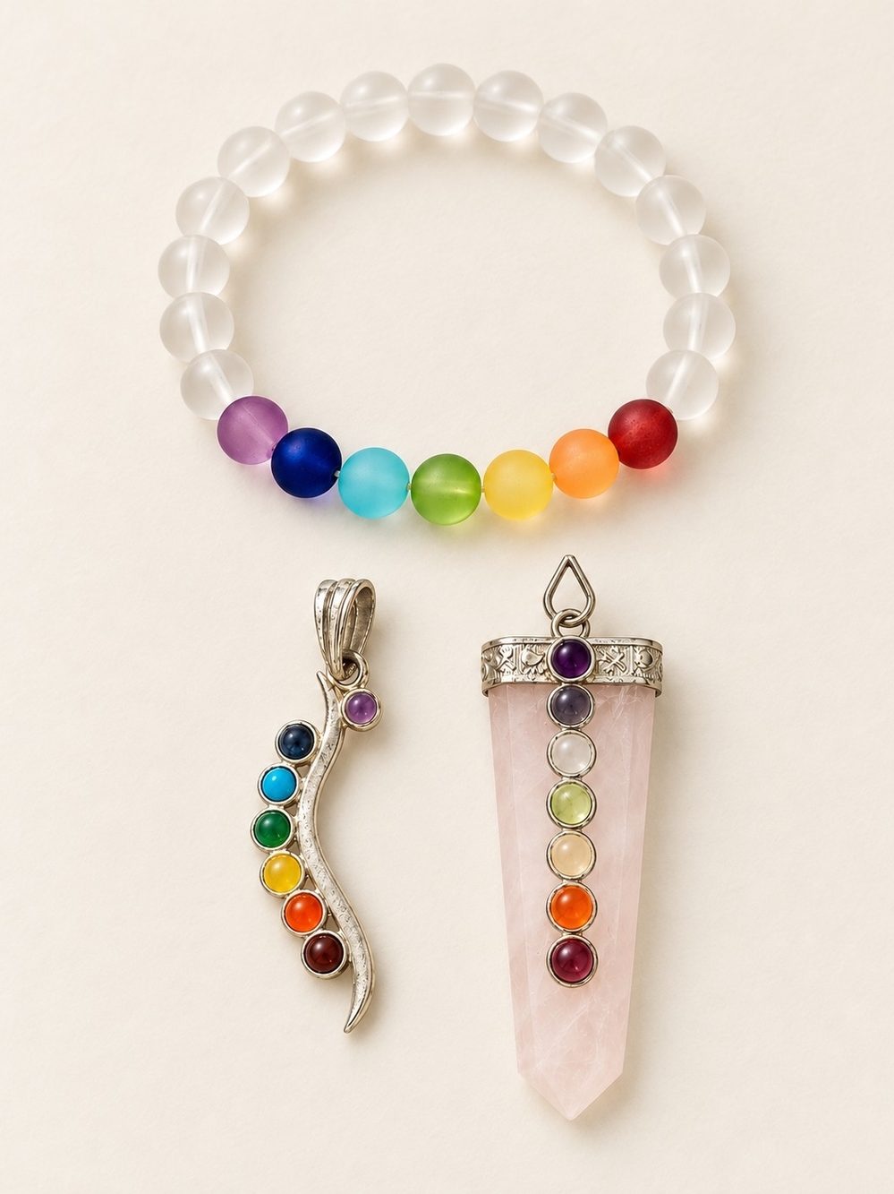 Seven Chakra Jewelry Set Bracelet and 2 Pendants